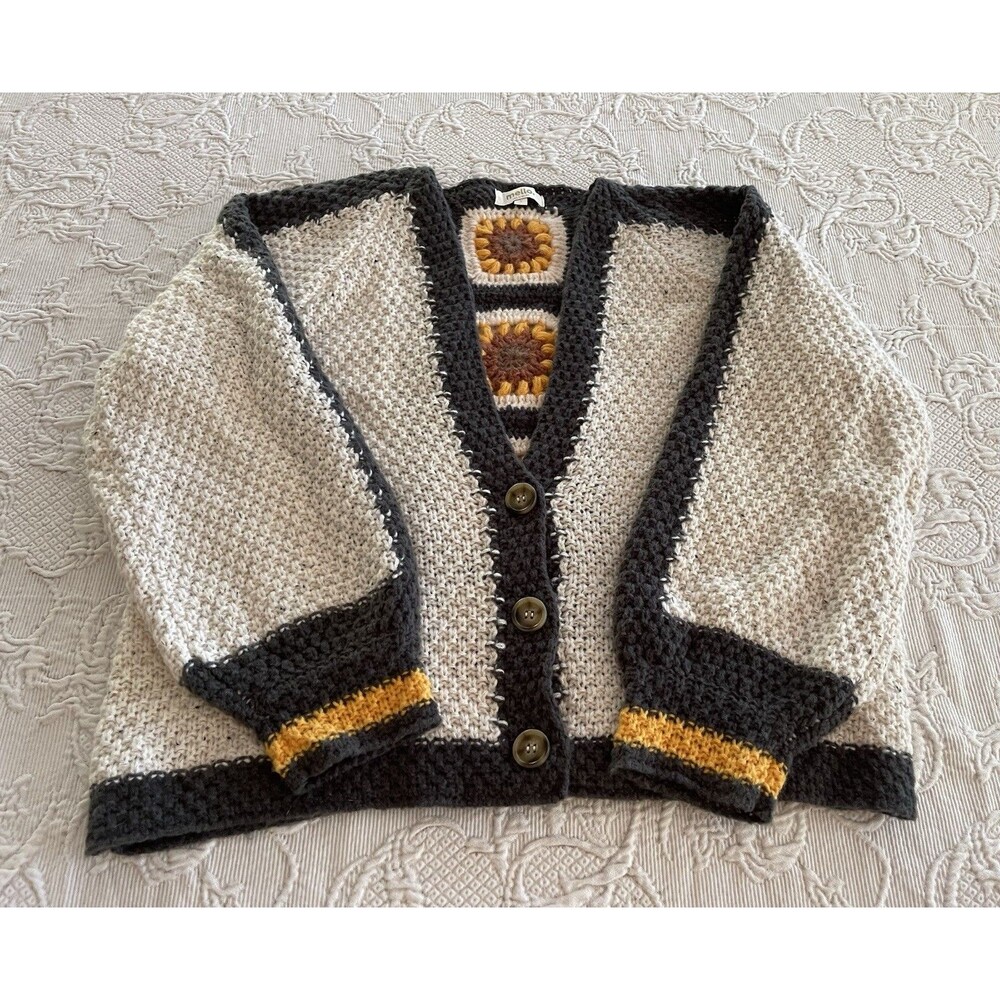 Mello Color Block Sunflower Crochet V-Neck Cardigan Ladies Small 42" Chest